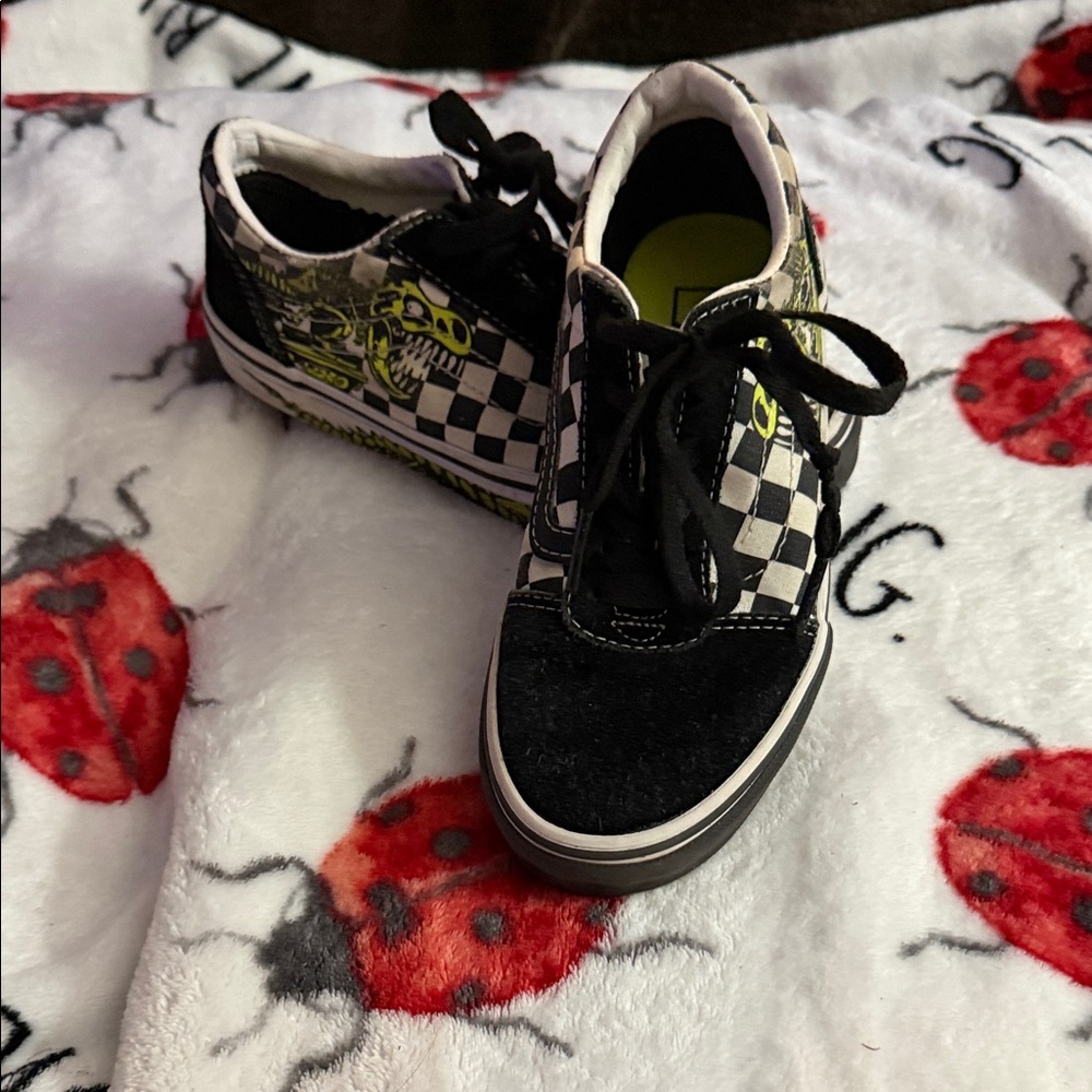Kids Vans Checkered Black and White Dinosaur Shoes